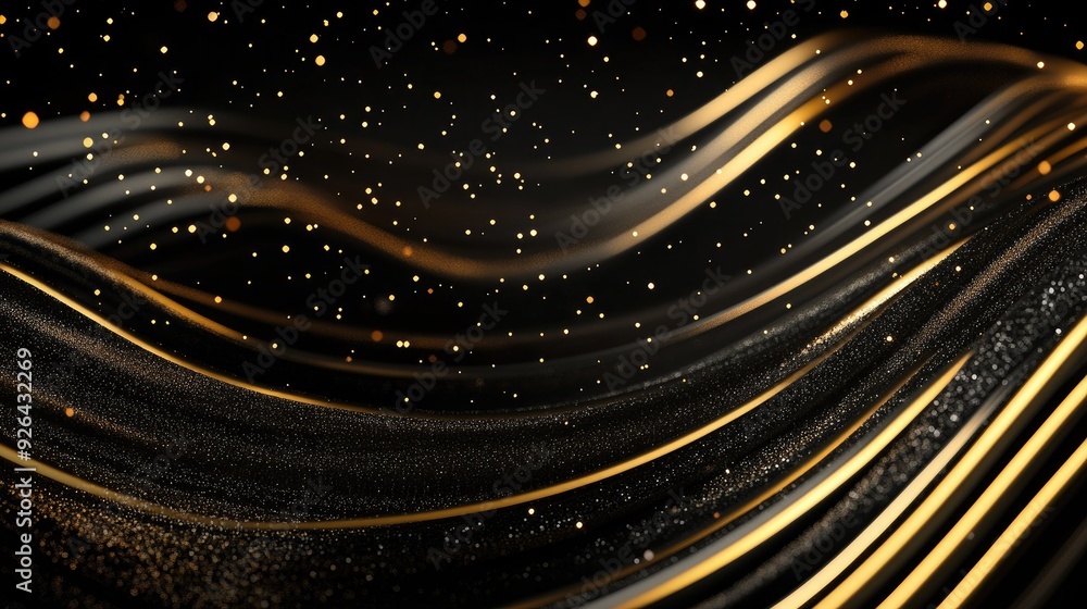 Poster luxury 3d design with curved gold lines on a deep black background, highlighted by sparkles and open