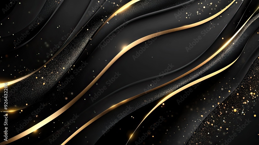 Poster luxury 3d design with curved gold lines on a deep black background, highlighted by sparkles and open