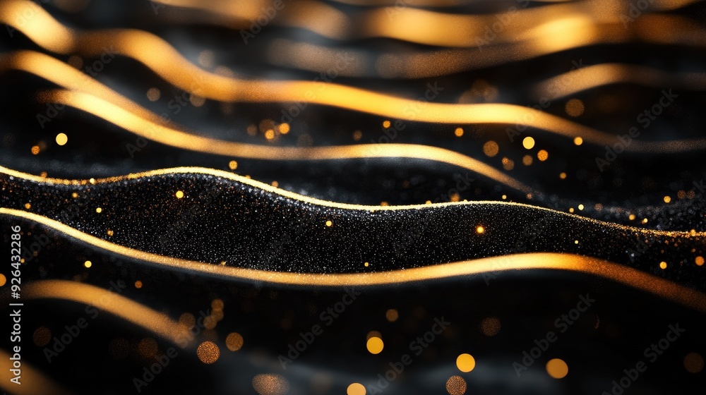Poster luxury 3d design with curved gold lines on a deep black background, highlighted by sparkles and open