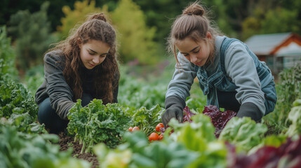 Two teenagers are deeply engaged in tending to an organic vegetable garden, surrounded by lush, green plants. Their focus and connection with nature 
