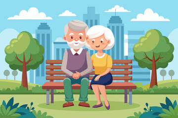 Cute elderly couple is sitting on a bench in a city park. Seniors rest outdoors
