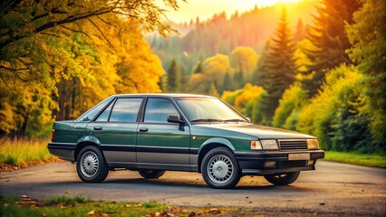 Vintage car parked on a road in an autumn forest.