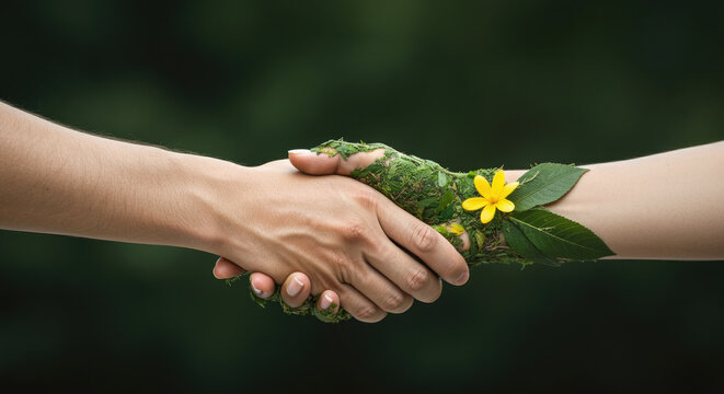 Closeup of two hands handshaking adorn with flowers and leaves. embracing beautiful nature concept.