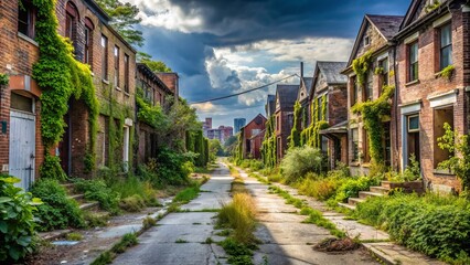 Fototapeta premium Abandoned streets lined with vacant, rundown buildings and overgrown vegetation, conveying a sense of desolation and decay in a once-thriving urban area.