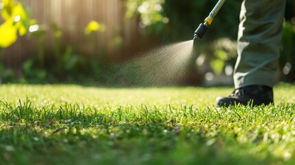 Pest control specialist spraying pesticide on green lawn for effective outdoor pest management