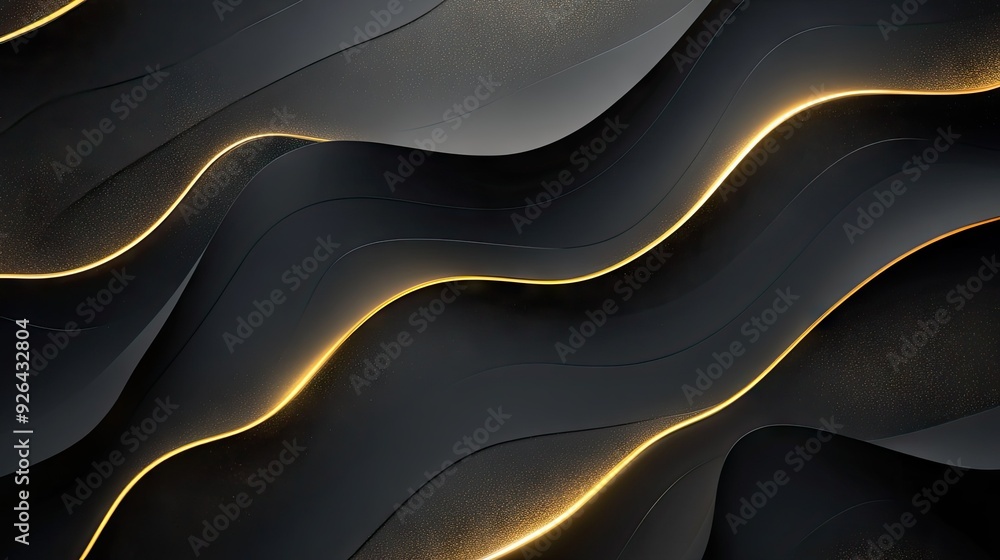 Poster minimalist dark grey luxury background featuring gold light lines with soft shadowing, creating a mo