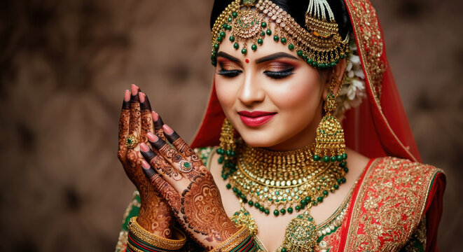 Portrait of a Indian woman bride in traditional Indian attire and mehndi art on her hand.