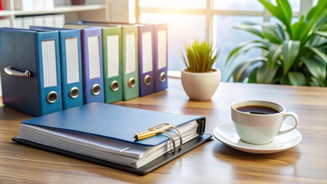 A binder with a company's employee handbook and policy documents lies open on a desk, surrounded by office supplies and a cup of coffee.