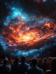 A mesmerizing cosmic view with vibrant colors, capturing the awe of an audience gazing at the magnificent universe.