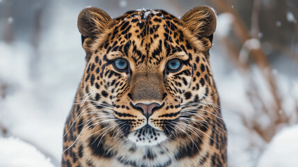 Obraz premium Magnificent picture of a rare Amur leopard. Its elegant face and piercing gaze showcase the beauty and grace of this endangered species. --ar 16:9 --v 6.1 Job ID: e3514093-a6db-4551-be68-f9449f74eb5e