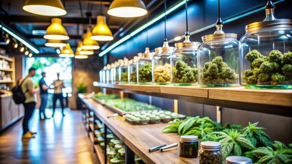 A blurred background of a bustling dispensary showcases various cannabis products, including buds, edibles, and concentrates, under modern LED grow lights and sleek shelving.