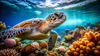 Fototapeta premium A blurred background of ocean waves and coral reef provides camouflage for a sneaky marine creature, showcasing effective concealment in its natural underwater habitat.