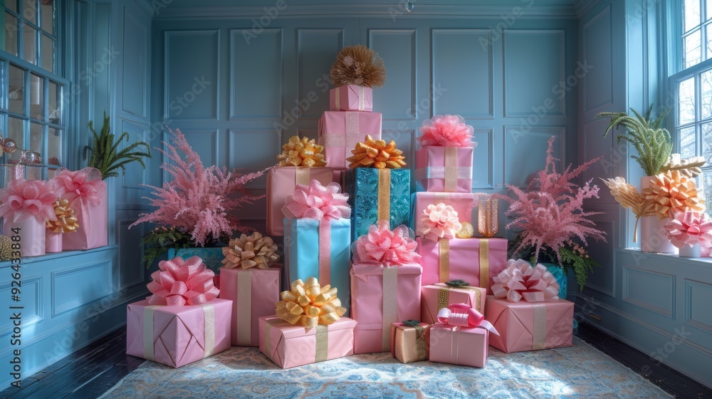 Poster create a festive focal point in your home with a towering display of stacked presents wrapped in col