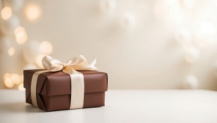 beautifully wrapped craft gift box in golden-brown color with a silky white ribbon tied in a neat bow against bokeh background, Men's day, father's day. Valentine's Day, birthday