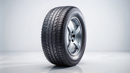 Obraz premium A brand new, shiny black tire with deep treads stands upright against a clean and bright white background, showcasing its quality and texture.