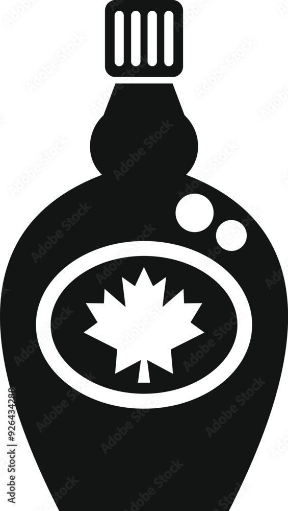 Poster simple icon of a bottle containing maple syrup, with a maple leaf on the label