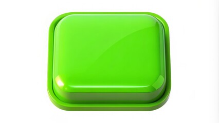 A bright green square button with a slight sheen and rounded edges, isolated on a white background, awaiting digital interaction or command activation.