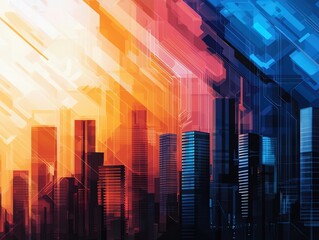 Obraz premium A vibrant city skyline merging warm and cool colors, ideal for modern design, technology, and urban themes.