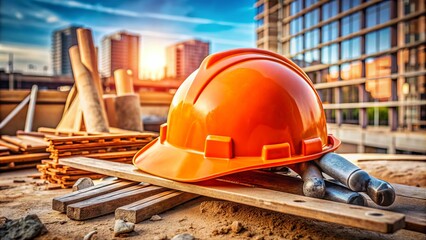A bright orange hard hat sits on a dusty construction site, surrounded by tools and building materials, symbolizing safety and industry.