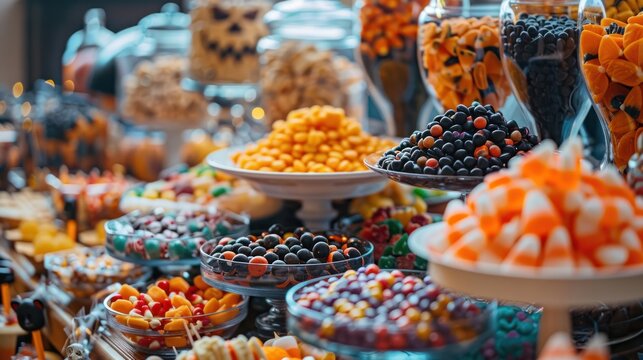 A candy buffet with a variety of Halloween sweets and treats.