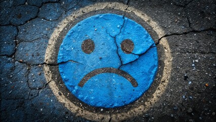 A broken, cracked, and faded blue smiley face icon lies on a dark, rainy pavement, symbolizing the struggle with mental health and feelings of depression.