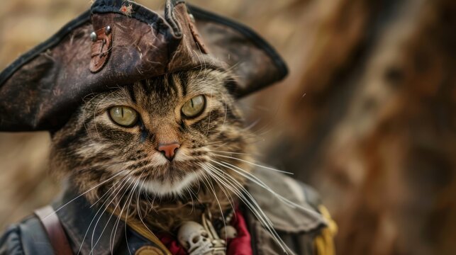 A cat dressed as a pirate, complete with hat and eye patch.