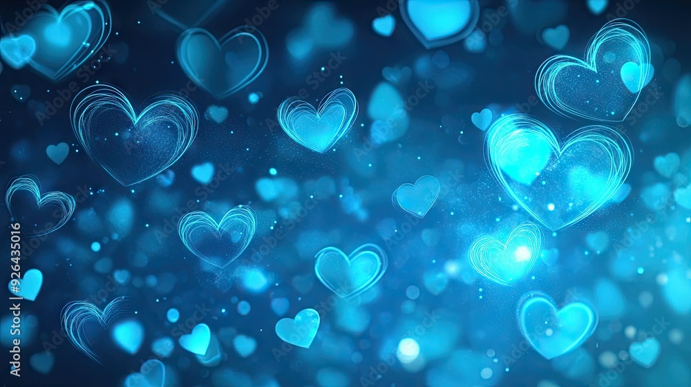 Poster neon blue hearts glowing in a soft bokeh style, creating an enchanting banner design with space for 