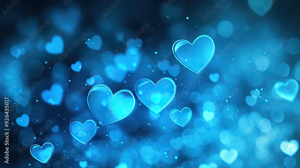 Aufkleber neon blue hearts glowing in a soft bokeh style, creating an enchanting banner design with space for 
