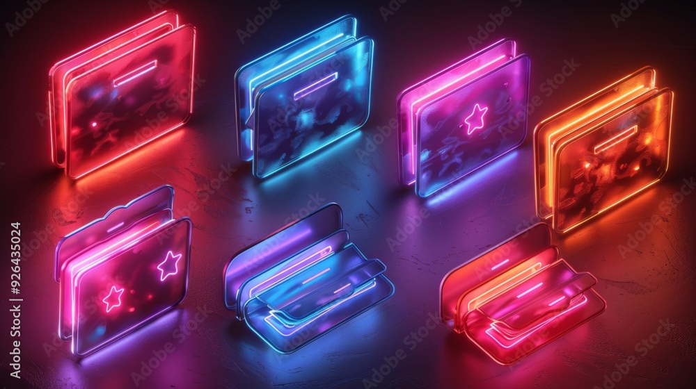 Poster create a collection of neon file management symbols, including shimmering