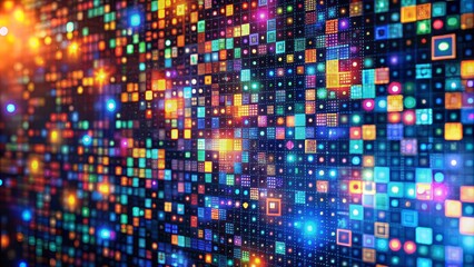Abstract digital background featuring a colorful matrix of tiny squares with randomly scattered numbers and symbols in a futuristic, technological pattern.