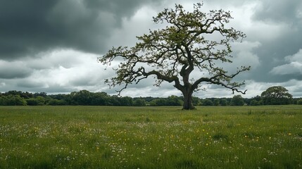 An Ancient Oak Tree Stands Majestically in a Vast Meadow, Branches Twisted Under a Cloudy Sky with Wildflowers Across the Grass. AI generated illustration