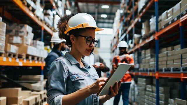 Focused Efficiency: A female warehouse worker in a hard hat and glasses uses a tablet to oversee operations, ensuring seamless logistics in a bustling warehouse. The image captures the dedication and 