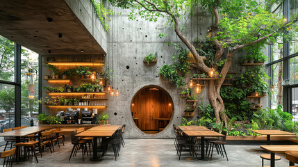 A restaurant with a tree in the middle of the room. The tree is surrounded by potted plants and has a round window above it. The restaurant has wooden tables and chairs. Generative AI