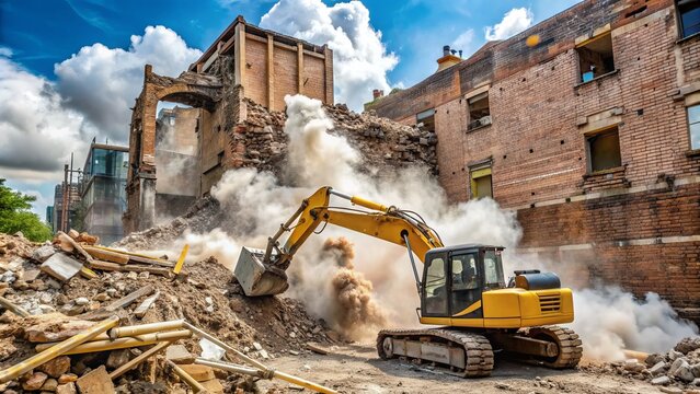 A bulldozer tears down a crumbling brick wall, releasing a cloud of dust and debris, as urban renewal efforts transform a neglected city block.