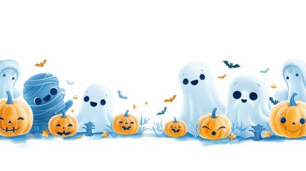 Fototapeta premium A charming Halloween border with baby pumpkins, friendly mummies, and cute ghosts.