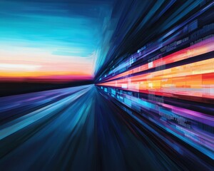 Dynamic abstract image representing speed and technology with vibrant colors blending into a futuristic landscape.