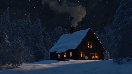 Snow-Covered Cabin in a Remote Forest at Night with Warm Light Glowing from the Windows and Smoke Curling from the Chimney into a Starry Sky. AI generated illustration