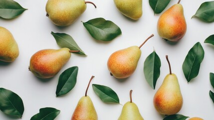 Obraz premium Close up pears and leaves on a white background. Pear fruit texture