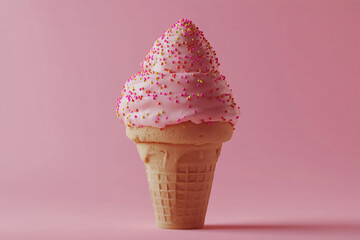 A pink ice cream cone with pink sprinkles on top