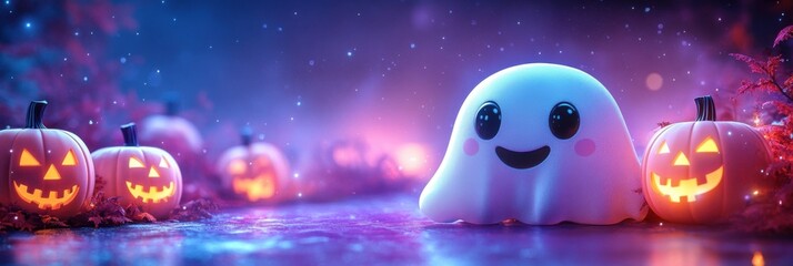 3D rendering of cute ghost character with halloween pumpkins on purple banner background, copy space concept. Cute design illustration for advertising Halloween party banner concept.