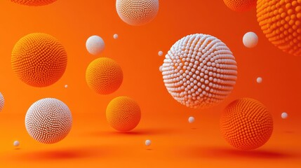 Fototapeta premium Realistic 3D spheres with intricate dot or letter textures against an orange backdrop. Ideal for creating striking banners and modern abstract vector illustrations.