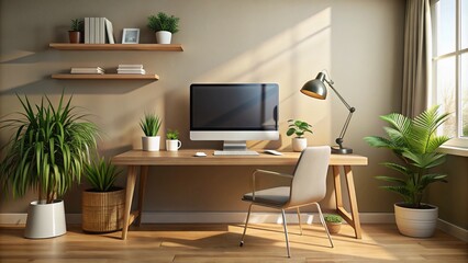 A clean and modern home office setup with a large computer screen displaying a productive desktop background on a wooden desk against a neutral wall.
