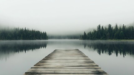 Weathered Wooden Pier Extending into a Foggy Lake with Calm Waters and Dense Forest Barely Visible in the Distance. AI generated illustration