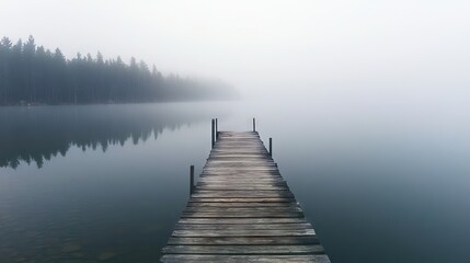 Obraz premium Weathered Wooden Pier Extending into a Foggy Lake with Calm Waters and Dense Forest Barely Visible in the Distance. AI generated illustration