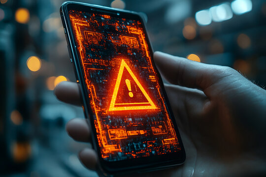 hacker attack maintenance concept and hacking cybercrime cyber security User is using smartphone with warning triangle for error notification