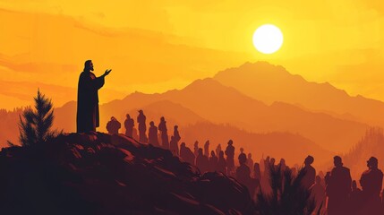 Silhouette of jesus preaching sermon on mountain top in biblical gospel teaching illustration