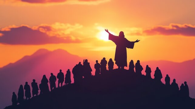 Silhouette of jesus delivering sermon on mountain top in biblical gospel teaching illustration