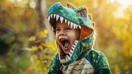Fototapeta premium A child in a dinosaur costume roaring playfully.