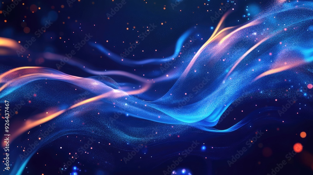 Poster sleek and modern fluid cover design featuring glowing particles and dynamic liquid flow. eps10 vecto