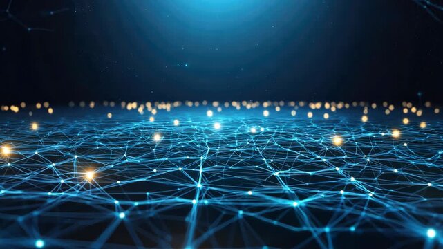 Futuristic digital network with glowing nodes, representing data connections and technology advancements in a dark blue background.